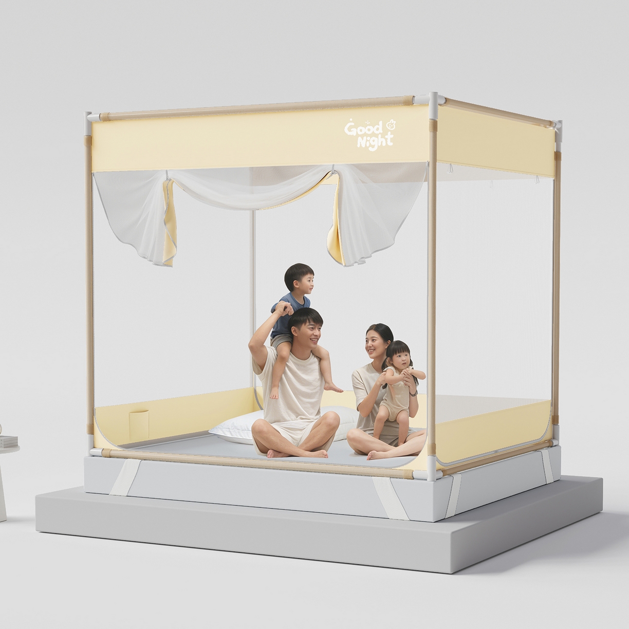 91家纺网 家纺一手货源 找家纺 初心家纺 2026新款坐床外穿杆全底防摔蚊帐 米-字母