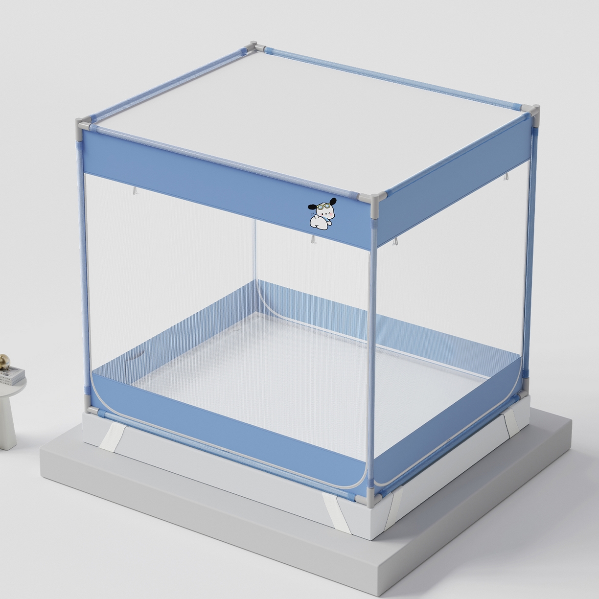 91家纺网 家纺一手货源 找家纺 初心家纺 2026新款坐床外穿杆全底防摔蚊帐 蓝-爱心小狗