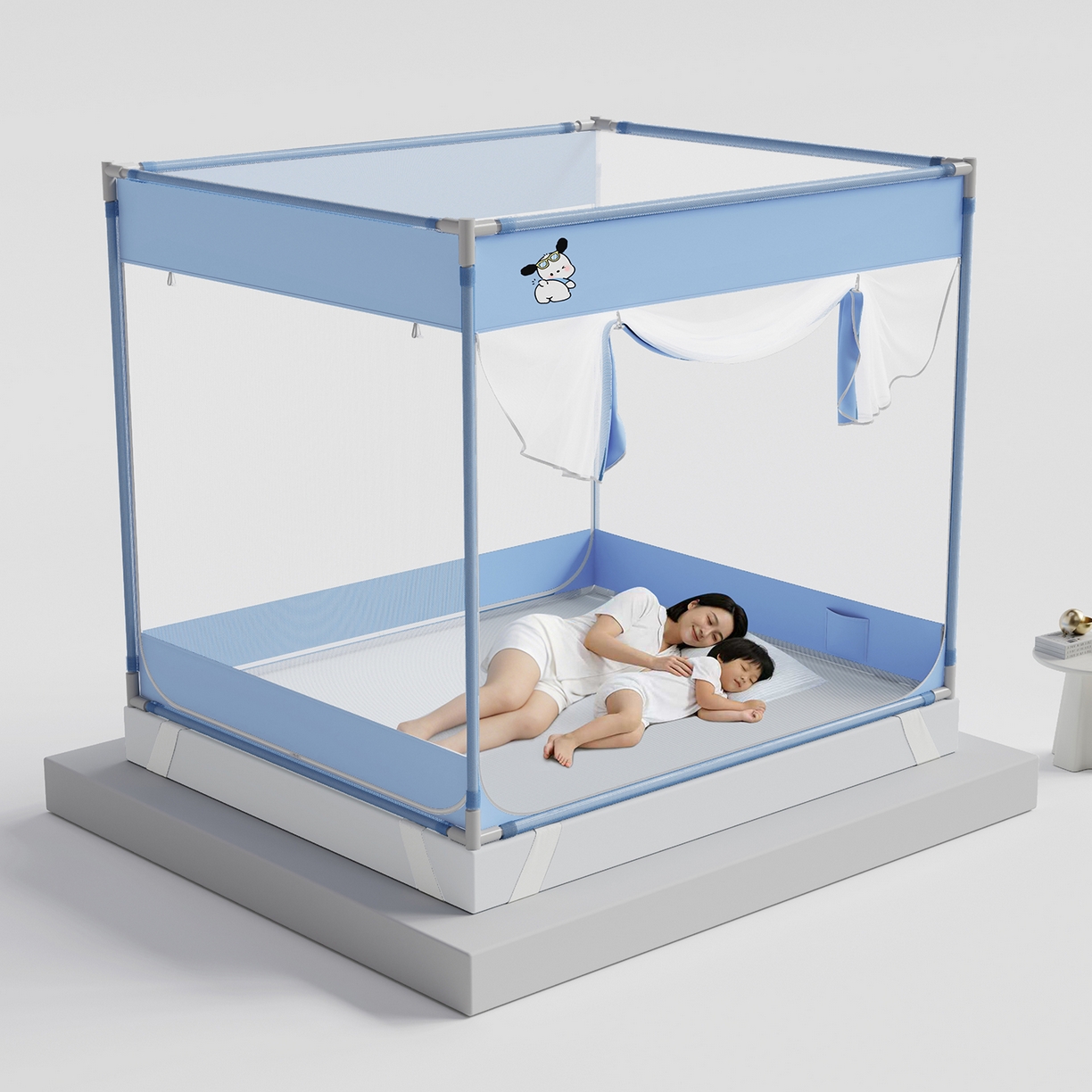 91家纺网 家纺一手货源 找家纺 初心家纺 2026新款坐床外穿杆全底防摔蚊帐 蓝-爱心小狗