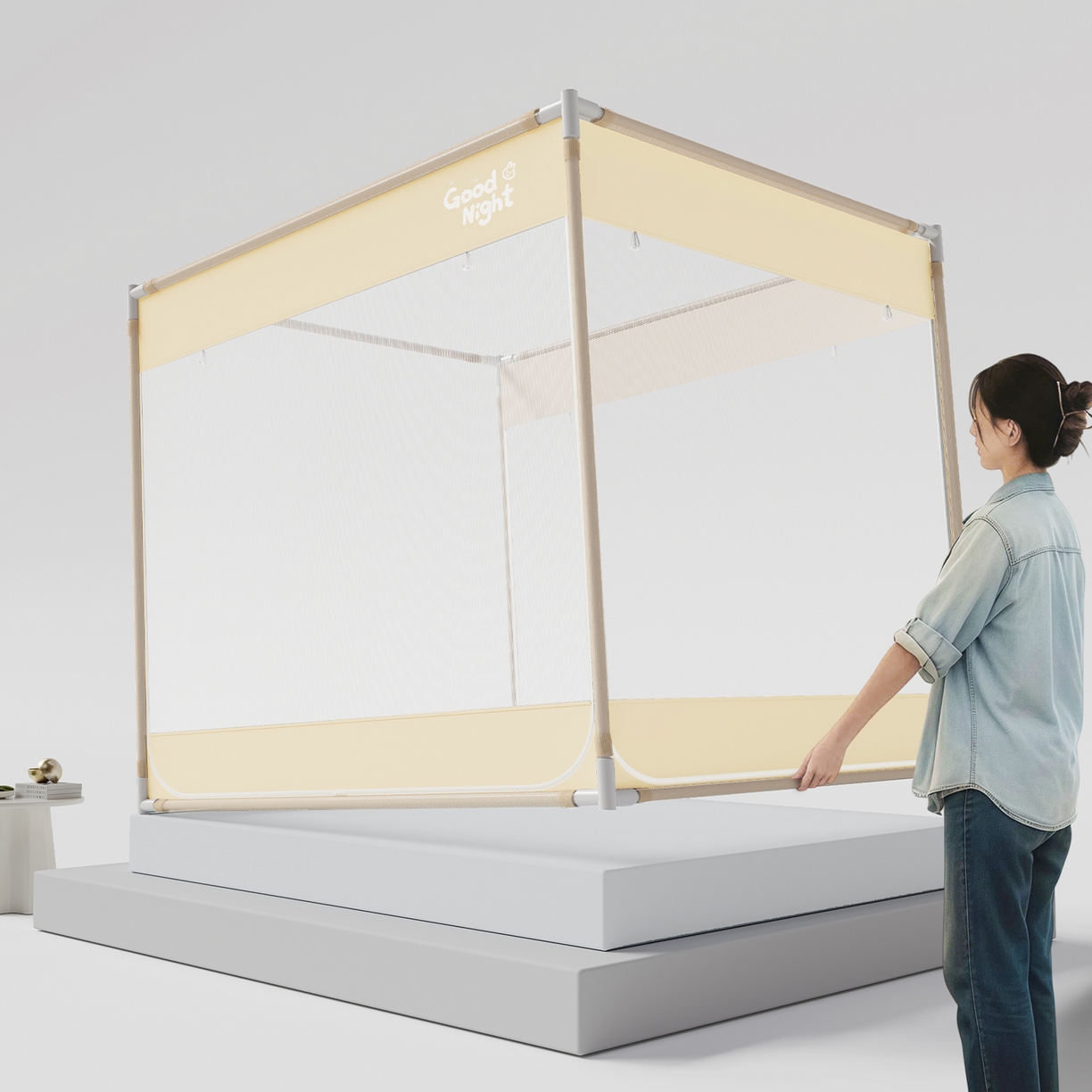 91家纺网 家纺一手货源 找家纺 初心家纺 2026新款坐床外穿杆全底防摔蚊帐 米-字母