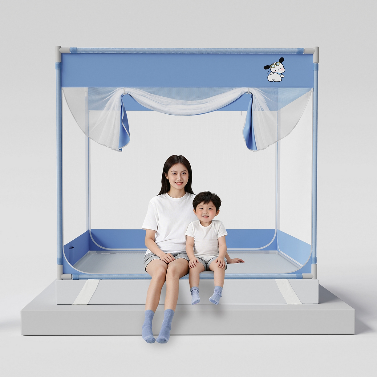 91家纺网 家纺一手货源 找家纺 初心家纺 2026新款坐床外穿杆全底防摔蚊帐 蓝-爱心小狗