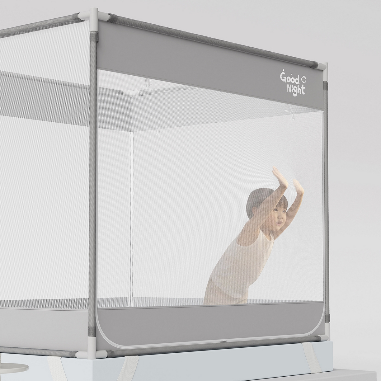 91家纺网 家纺一手货源 找家纺 初心家纺 2026新款坐床外穿杆全底防摔蚊帐 灰-字母