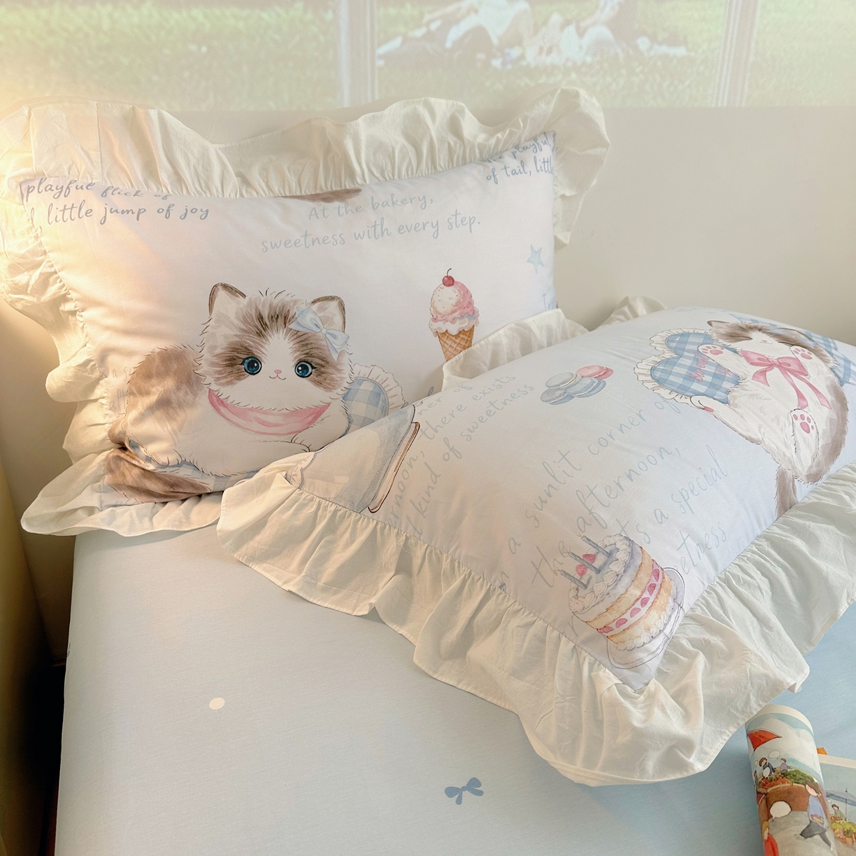 91家纺网 家纺一手货源 找家纺 孩子王家纺 2026新款韩式INS减龄小红书花边款全棉纯棉卡通四件套 花边奶油布偶猫