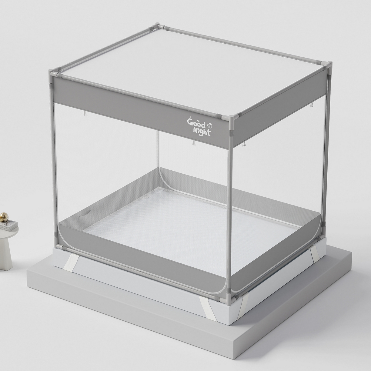 91家纺网 家纺一手货源 找家纺 初心家纺 2026新款坐床外穿杆全底防摔蚊帐 灰-字母