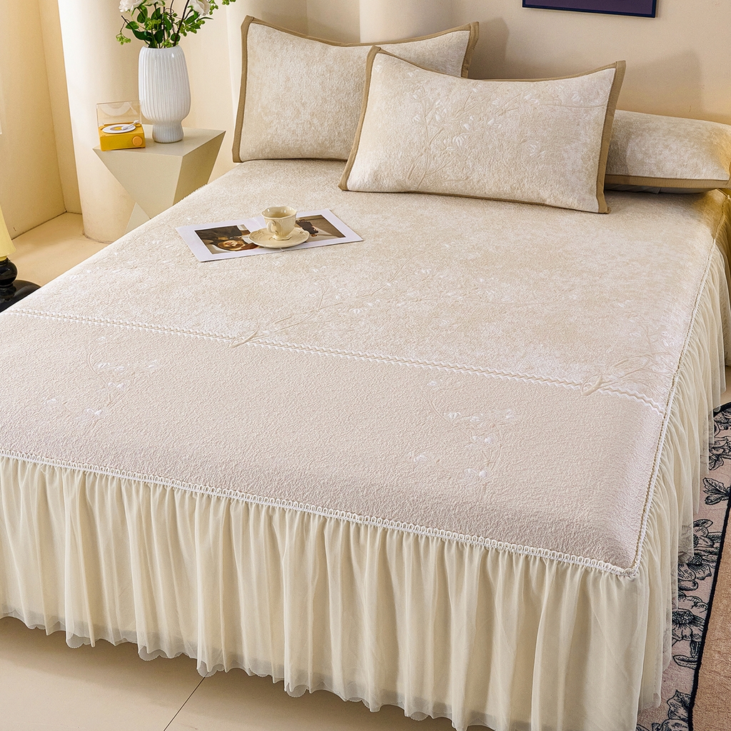 91家纺网 家纺一手货源 找家纺 梵克保罗 2026新款A类凉感豆豆席床裙款凉席席子-花枝招展 床裙款-花枝招展米色