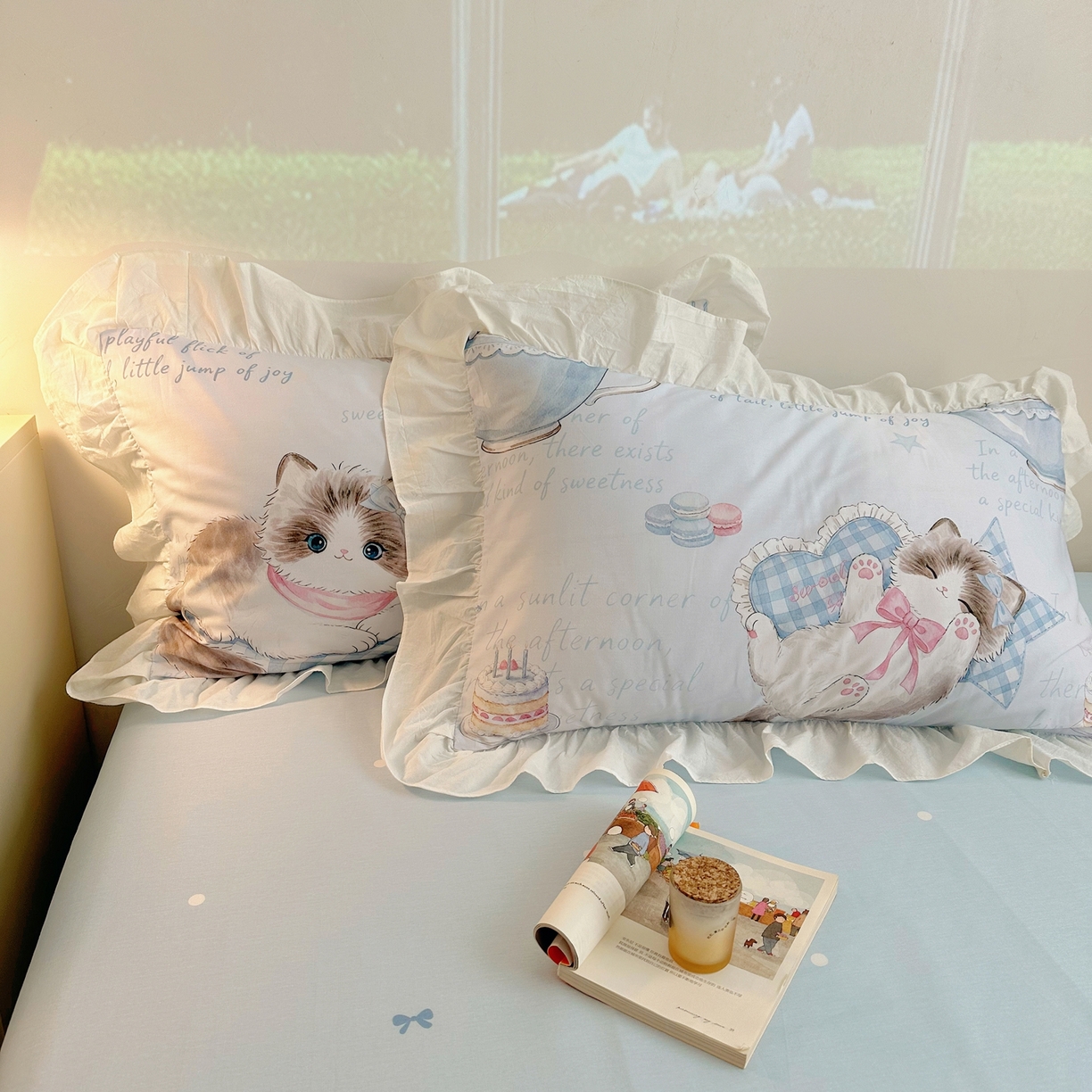 91家纺网 家纺一手货源 找家纺 孩子王家纺 2026新款韩式INS减龄小红书花边款全棉纯棉卡通四件套 花边奶油布偶猫