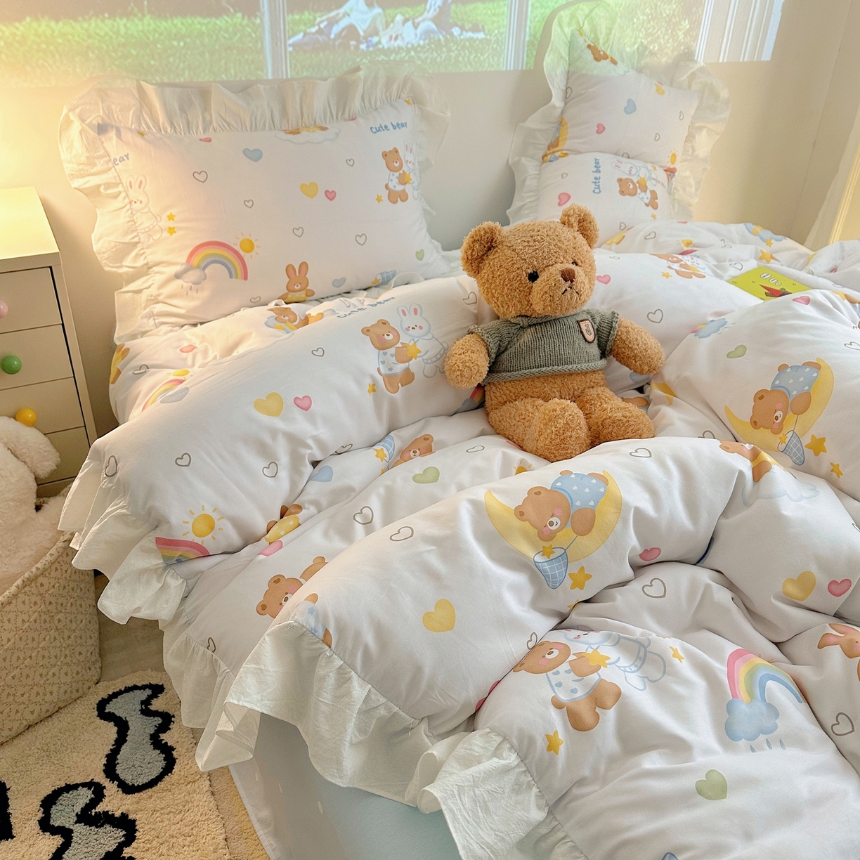 91家纺网 家纺一手货源 找家纺 （总）孩子王家纺 2026新款韩式INS减龄小红书花边款全棉纯棉卡通四件套