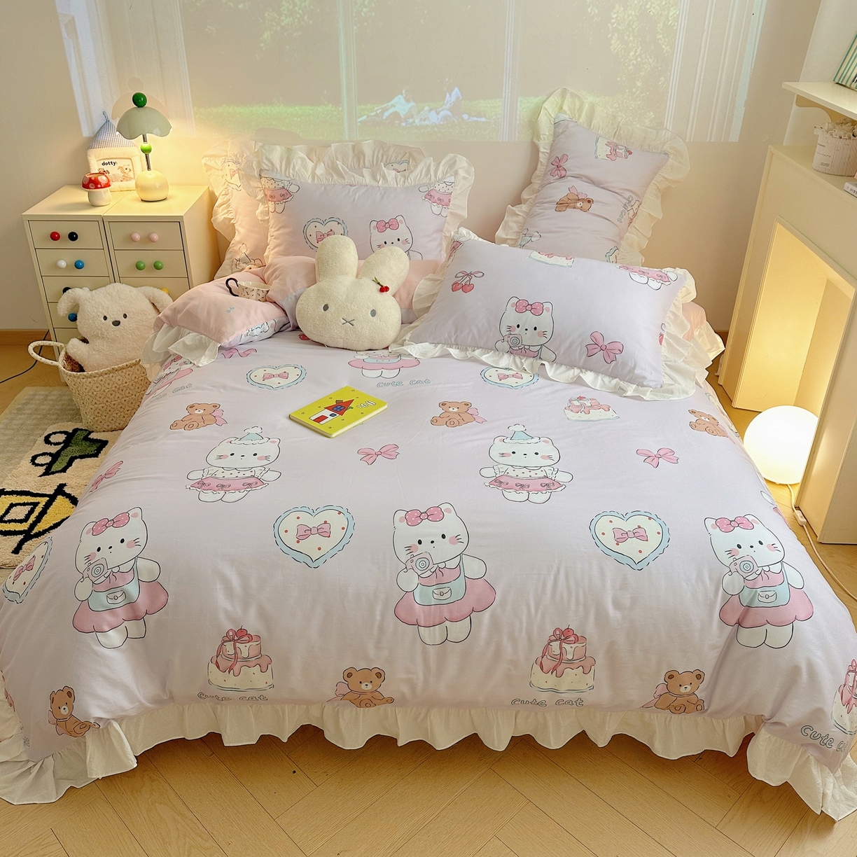 91家纺网 家纺一手货源 找家纺 孩子王家纺 2026新款韩式INS减龄小红书花边款全棉纯棉卡通四件套 花边甜妹小猫屋