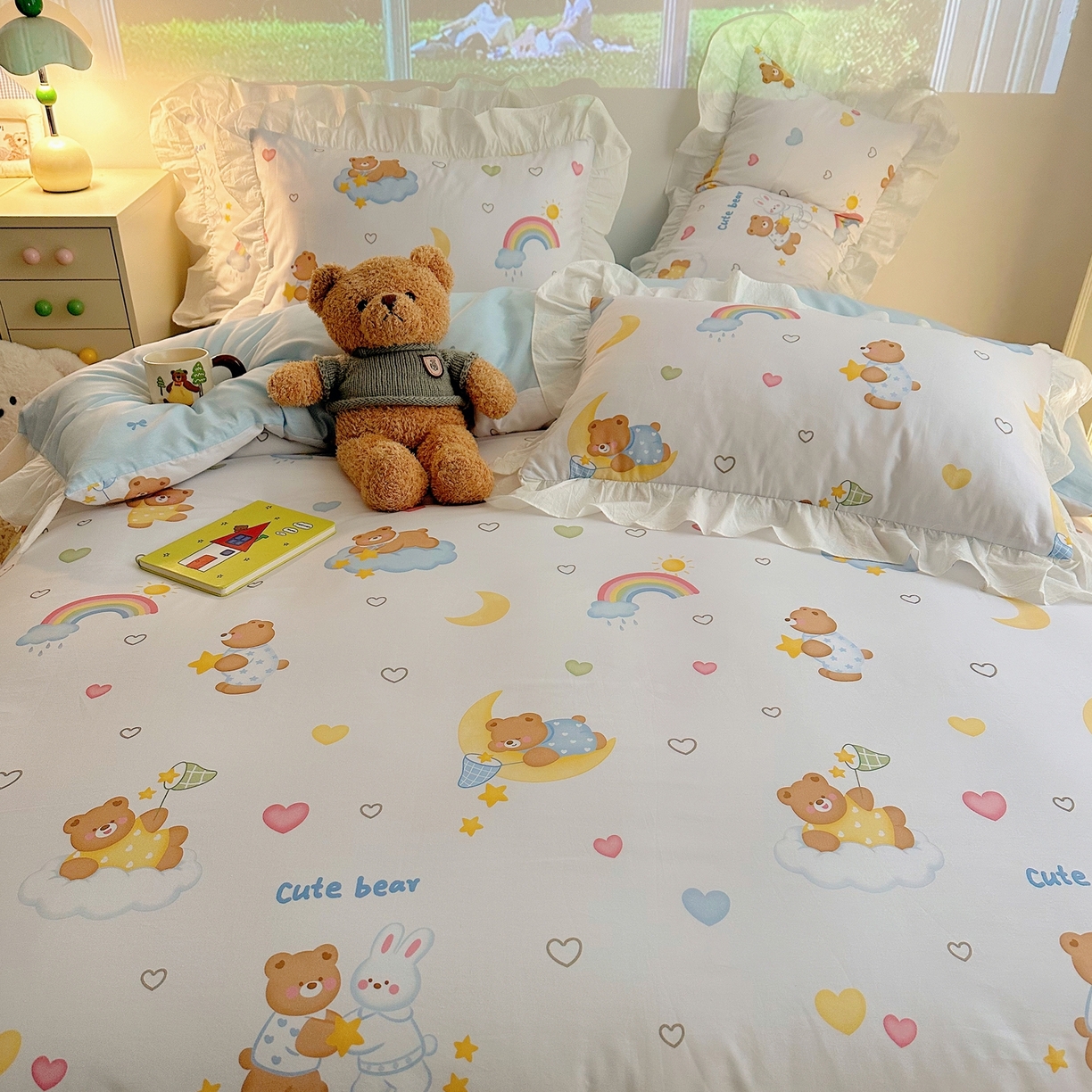 91家纺网 家纺一手货源 找家纺 孩子王家纺 2026新款韩式INS减龄小红书花边款全棉纯棉卡通四件套 花边小熊星梦