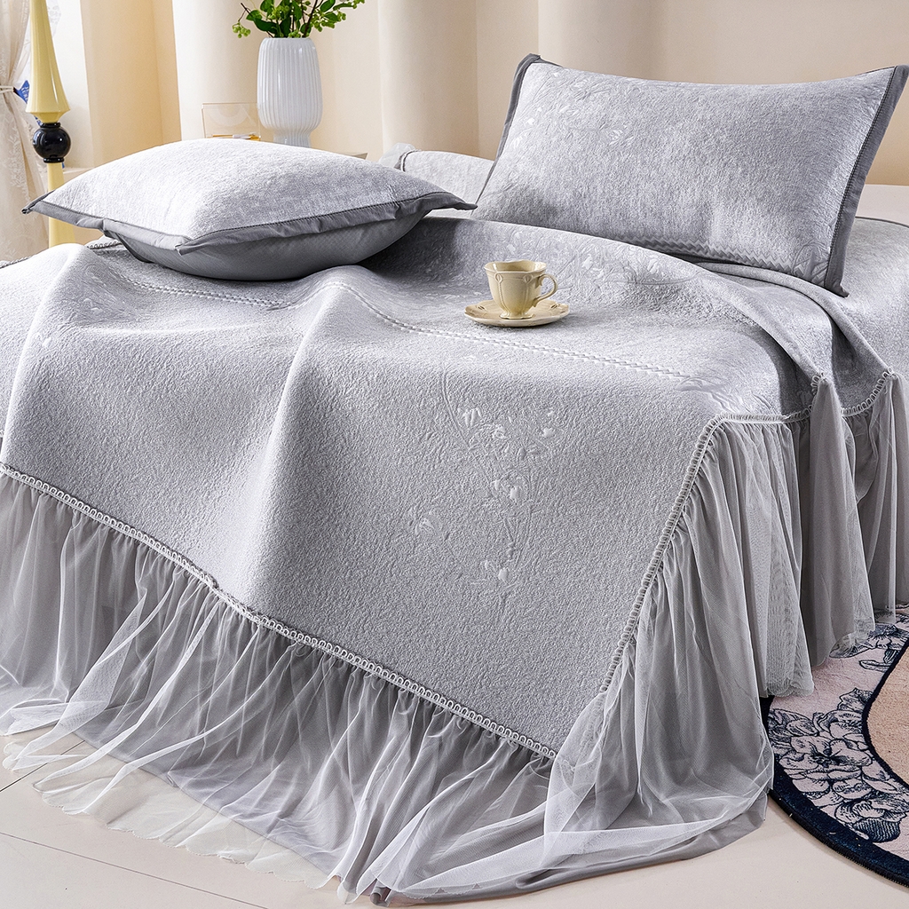 91家纺网 家纺一手货源 找家纺 梵克保罗 2026新款A类凉感豆豆席床裙款凉席席子-花枝招展 花枝招展-灰