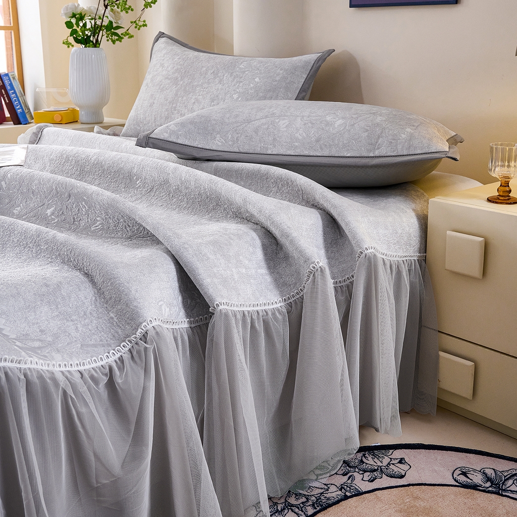 91家纺网 家纺一手货源 找家纺 梵克保罗 2026新款A类凉感豆豆席床裙款凉席席子-花枝招展 花枝招展-灰