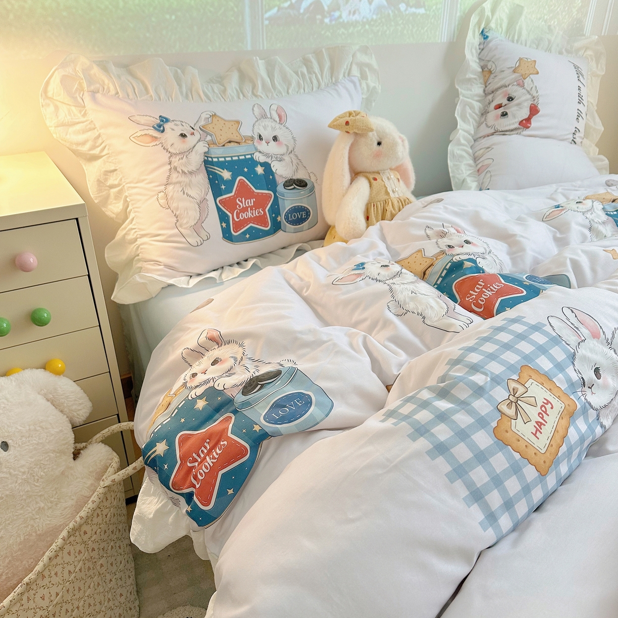 91家纺网 家纺一手货源 找家纺 孩子王家纺 2026新款韩式INS减龄小红书花边款全棉纯棉卡通四件套 花边星兔饼干