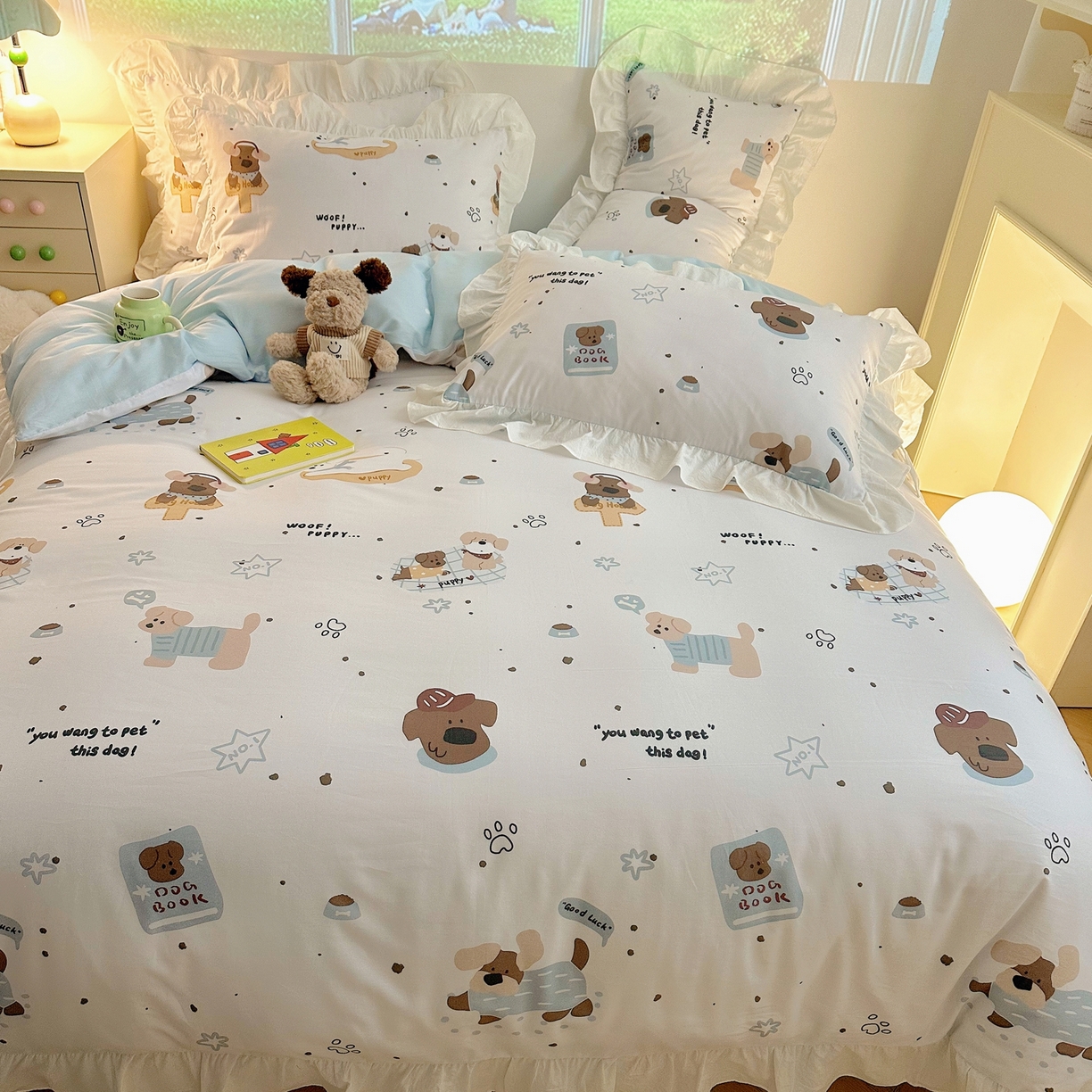 91家纺网 家纺一手货源 找家纺 孩子王家纺 2026新款韩式INS减龄小红书花边款全棉纯棉卡通四件套 花边小狗心事