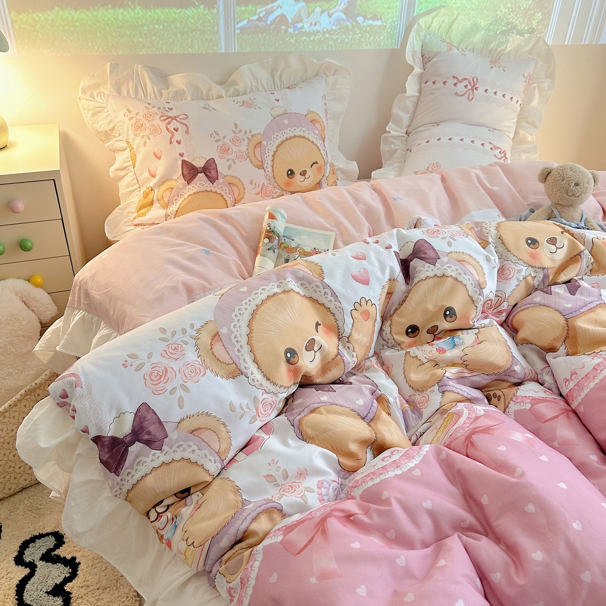 91家纺网 家纺一手货源 找家纺 （总）孩子王家纺 2026新款韩式INS减龄小红书花边款全棉纯棉卡通四件套