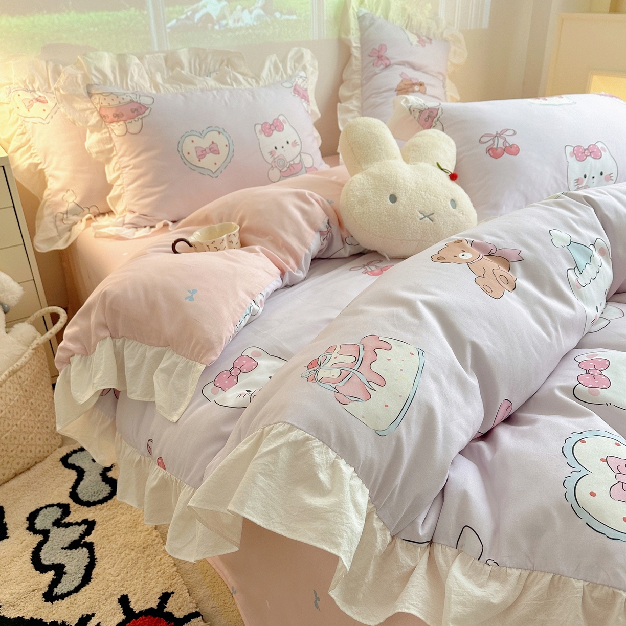 91家纺网 家纺一手货源 找家纺 孩子王家纺 2026新款韩式INS减龄小红书花边款全棉纯棉卡通四件套 花边甜妹小猫屋