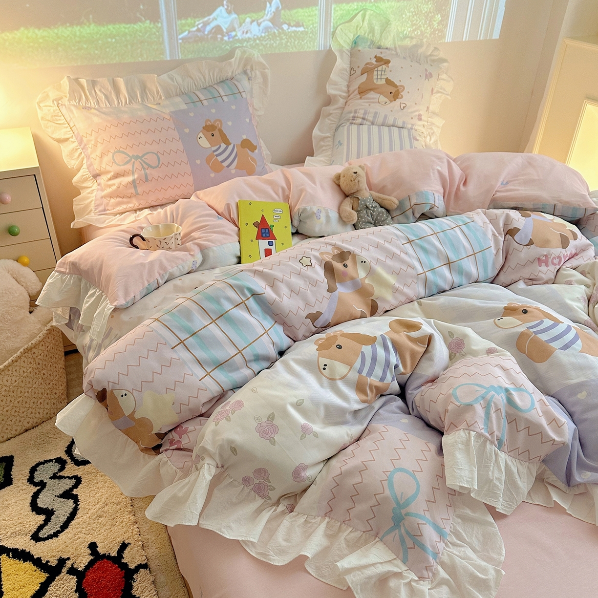 91家纺网 家纺一手货源 找家纺 （总）孩子王家纺 2026新款韩式INS减龄小红书花边款全棉纯棉卡通四件套