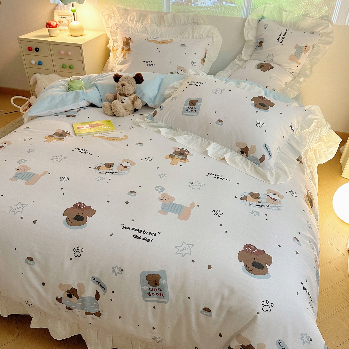 91家纺网 家纺一手货源 找家纺 孩子王家纺 2026新款韩式INS减龄小红书花边款全棉纯棉卡通四件套 花边小狗心事