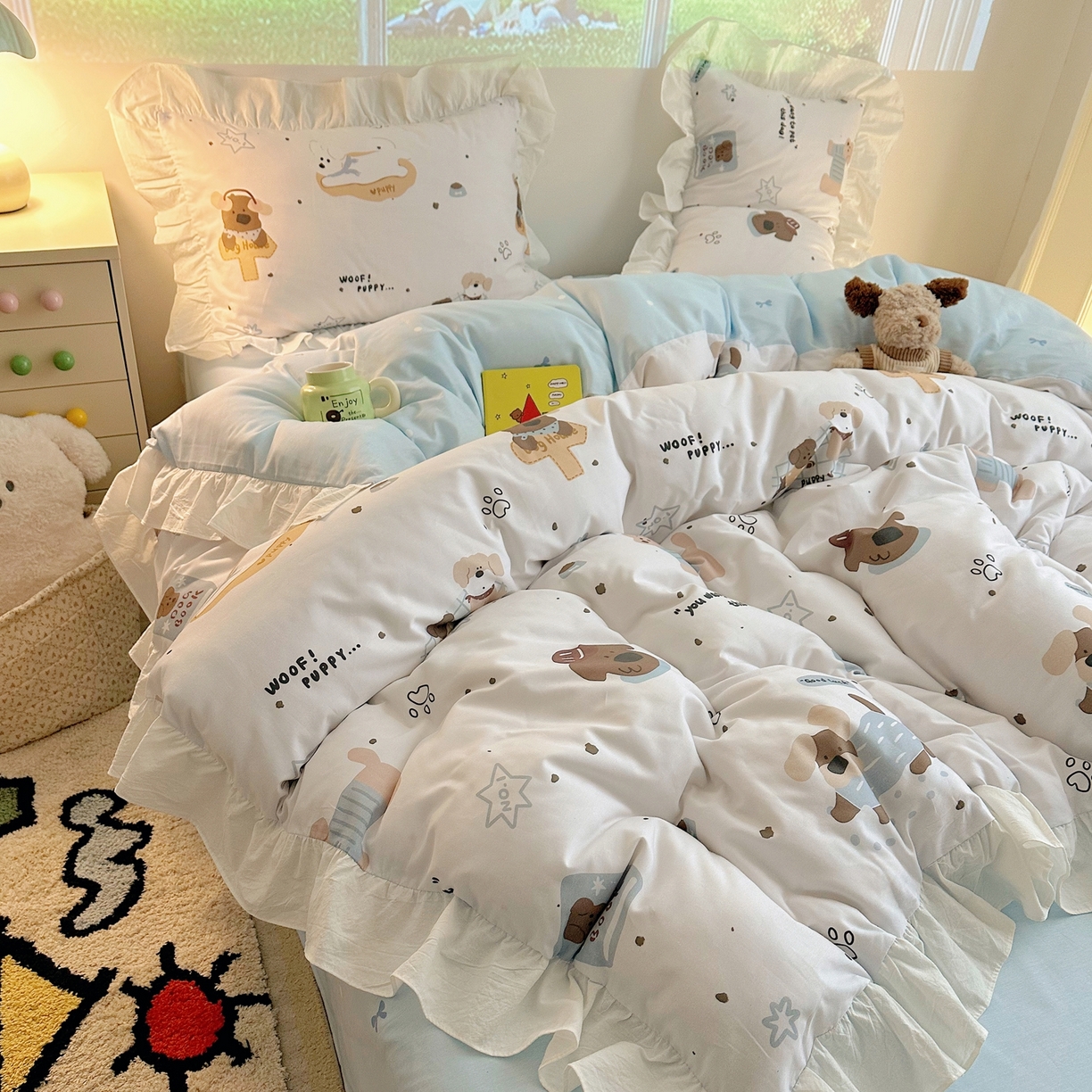 孩子王家纺 2026新款韩式INS减龄小红书花边款全棉纯棉卡通四件套 花边小狗心事