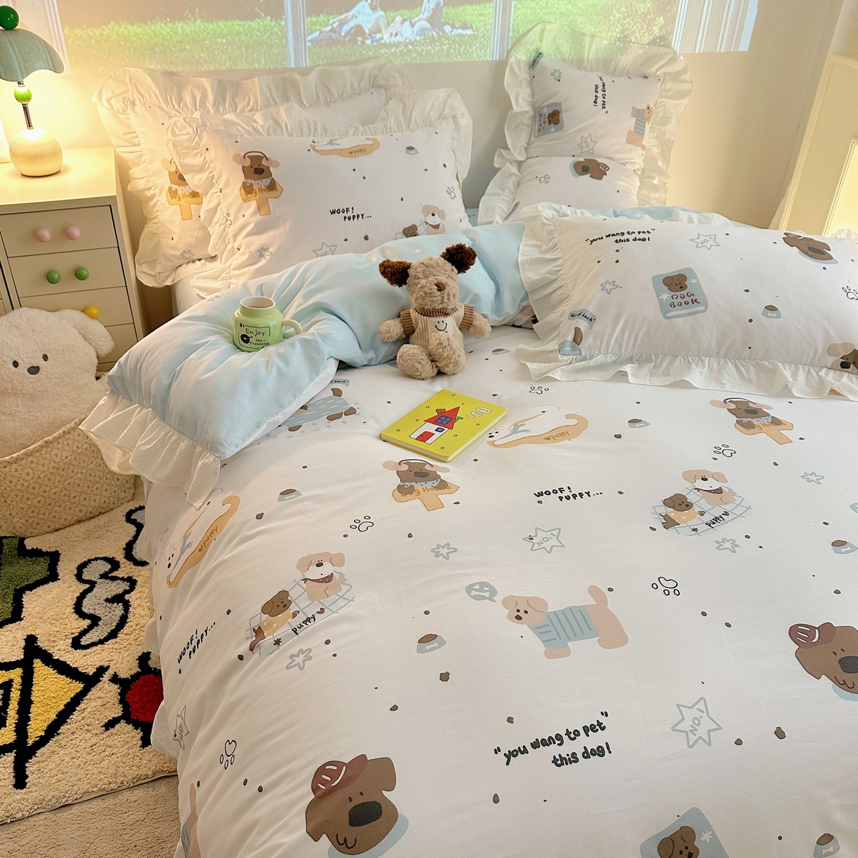 91家纺网 家纺一手货源 找家纺 孩子王家纺 2026新款韩式INS减龄小红书花边款全棉纯棉卡通四件套 花边小狗心事