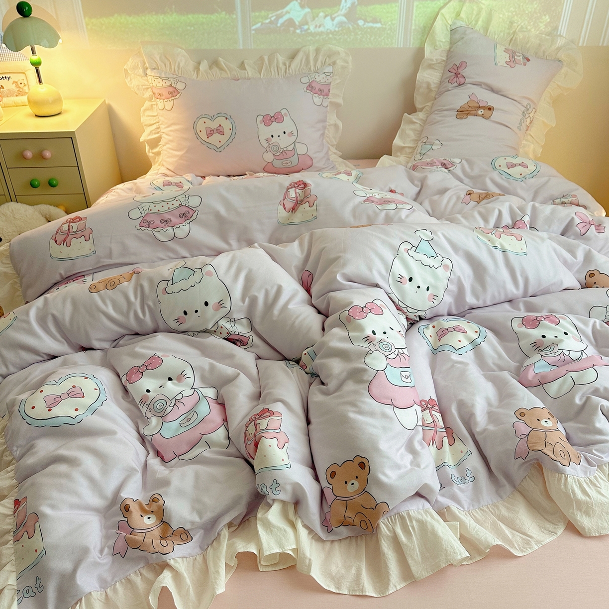 91家纺网 家纺一手货源 找家纺 孩子王家纺 2026新款韩式INS减龄小红书花边款全棉纯棉卡通四件套 花边甜妹小猫屋