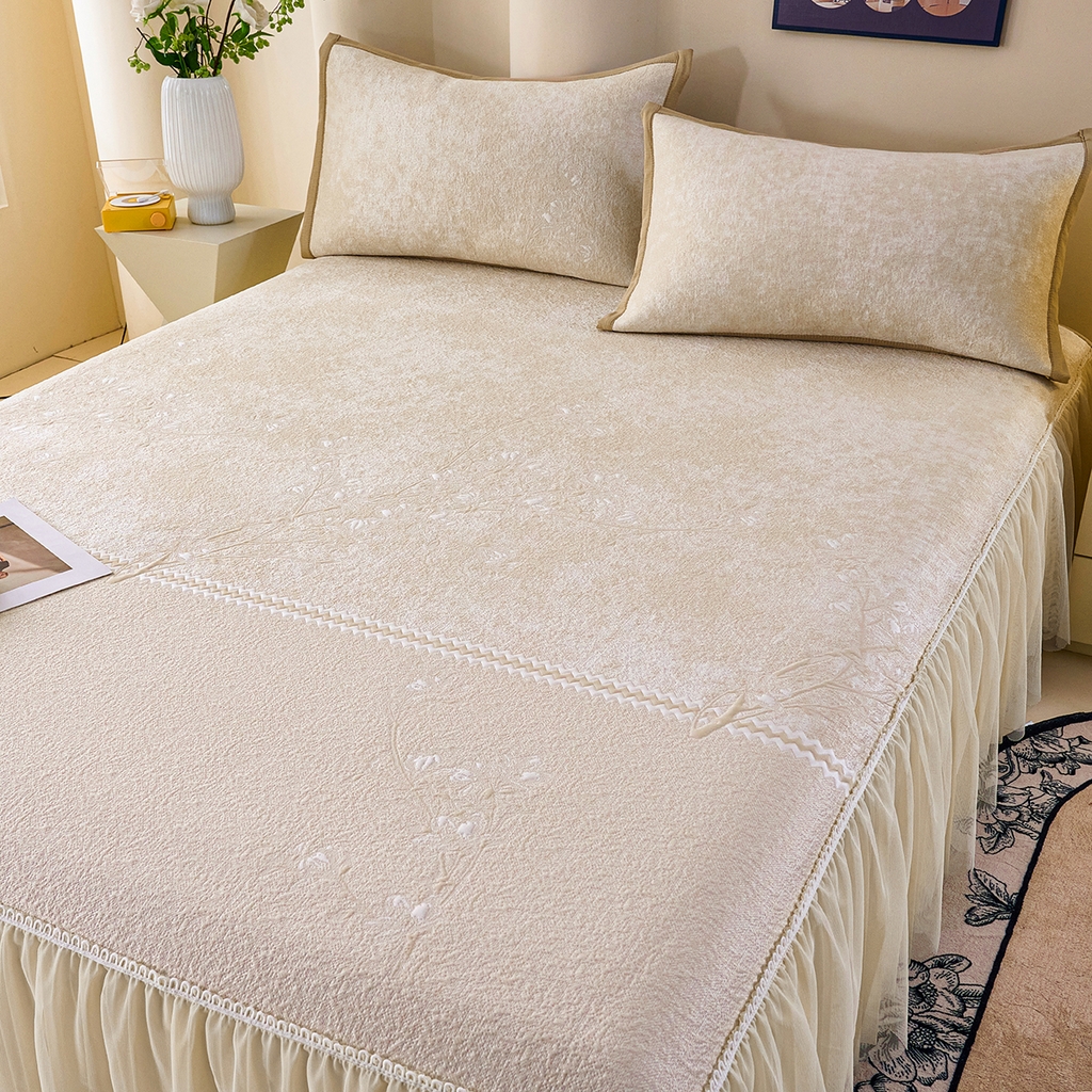 91家纺网 家纺一手货源 找家纺 梵克保罗 2026新款A类凉感豆豆席床裙款凉席席子-花枝招展 床裙款-花枝招展米色