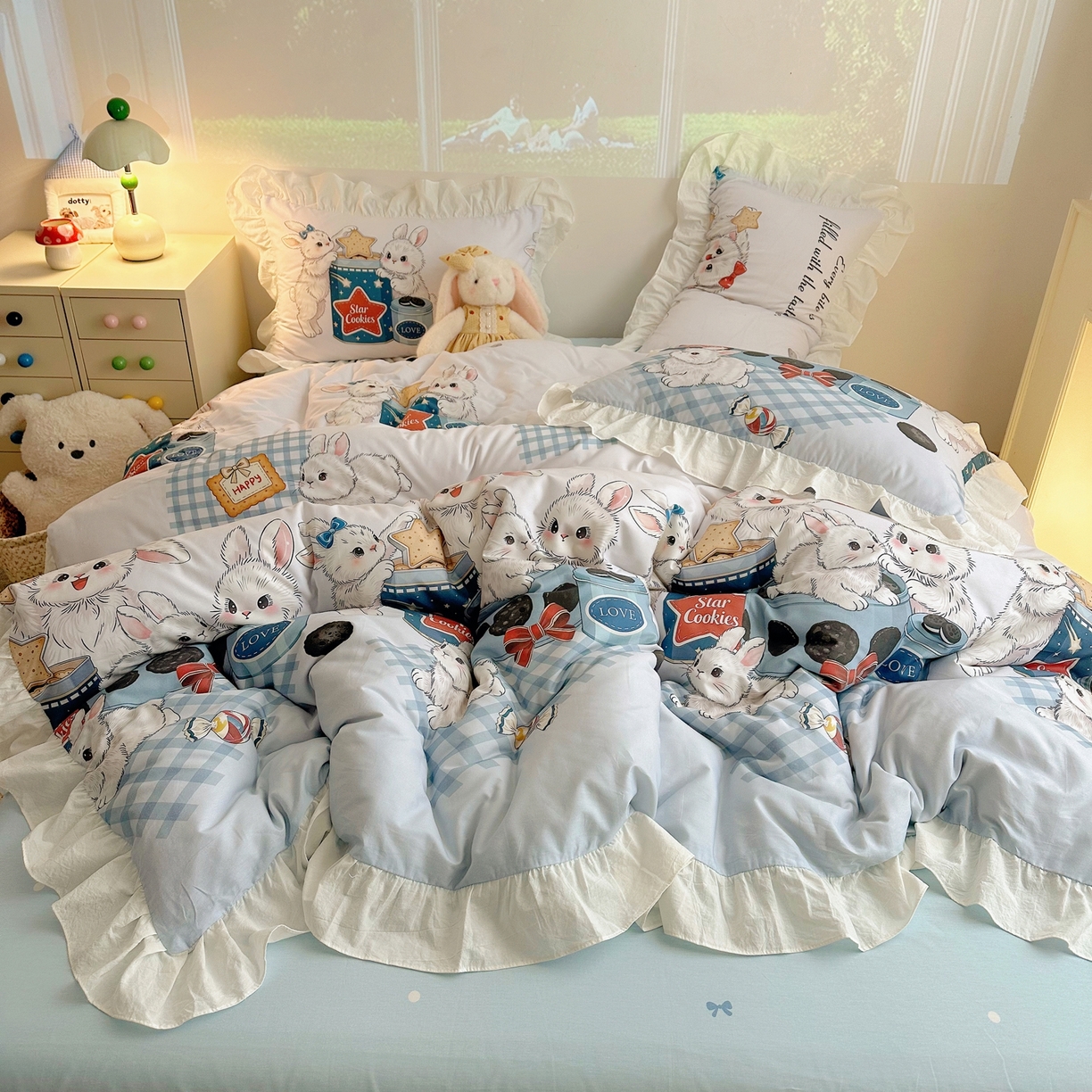 91家纺网 家纺一手货源 找家纺 孩子王家纺 2026新款韩式INS减龄小红书花边款全棉纯棉卡通四件套 花边星兔饼干