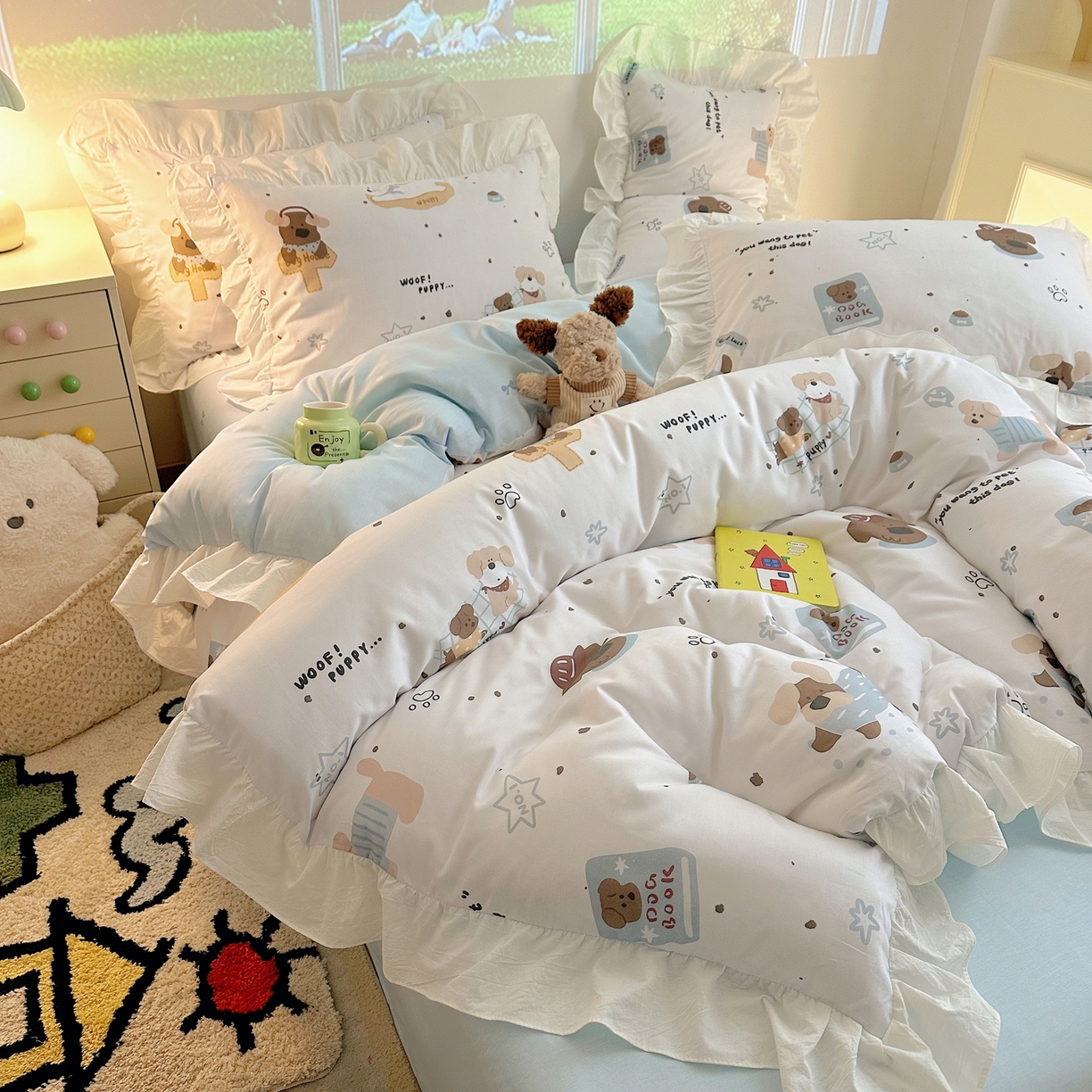 91家纺网 家纺一手货源 找家纺 孩子王家纺 2026新款韩式INS减龄小红书花边款全棉纯棉卡通四件套 花边小狗心事