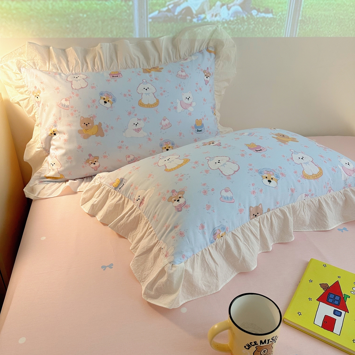 91家纺网 家纺一手货源 找家纺 孩子王家纺 2026新款韩式INS减龄小红书花边款全棉纯棉卡通四件套 花边小狗派对