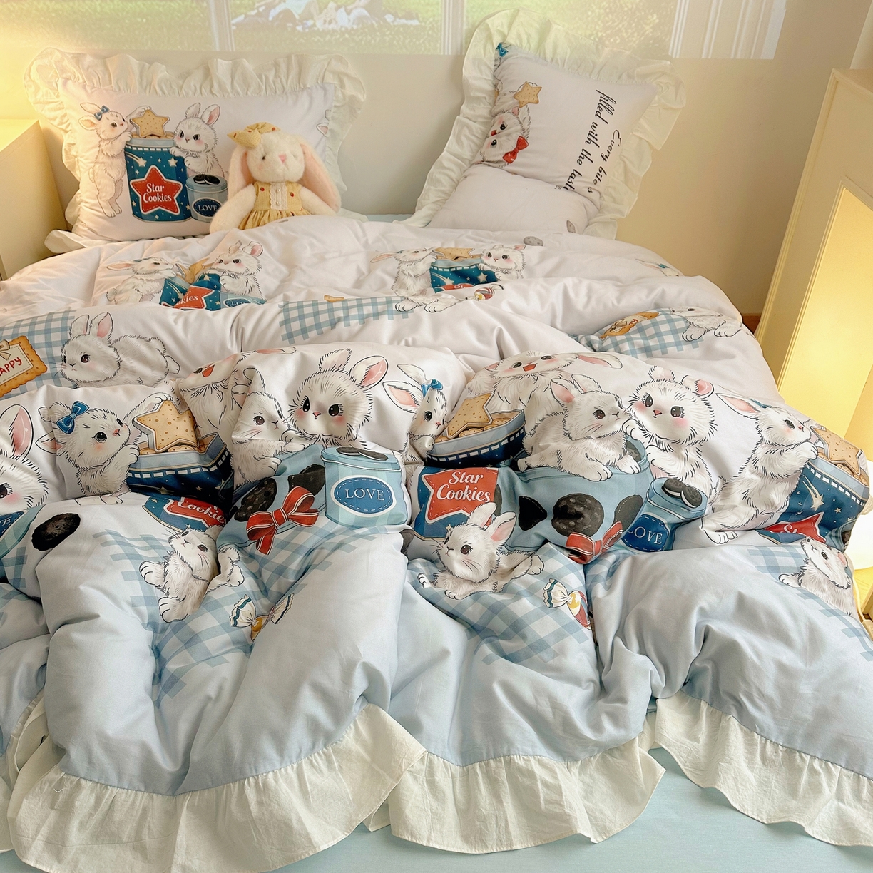 91家纺网 家纺一手货源 找家纺 孩子王家纺 2026新款韩式INS减龄小红书花边款全棉纯棉卡通四件套 花边星兔饼干