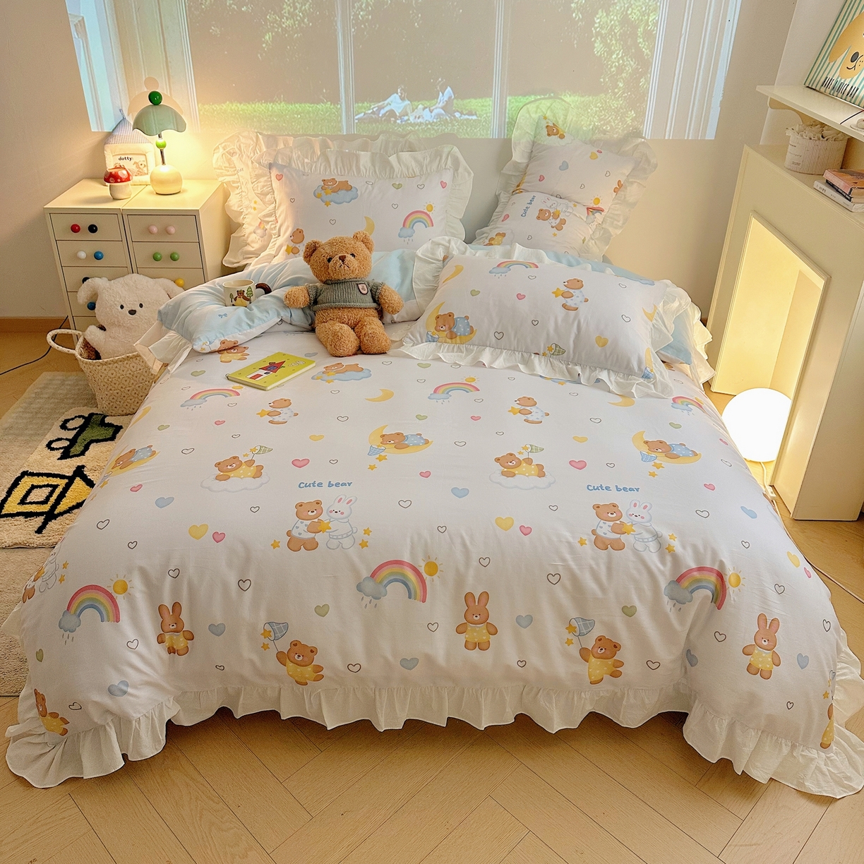 91家纺网 家纺一手货源 找家纺 孩子王家纺 2026新款韩式INS减龄小红书花边款全棉纯棉卡通四件套 花边小熊星梦