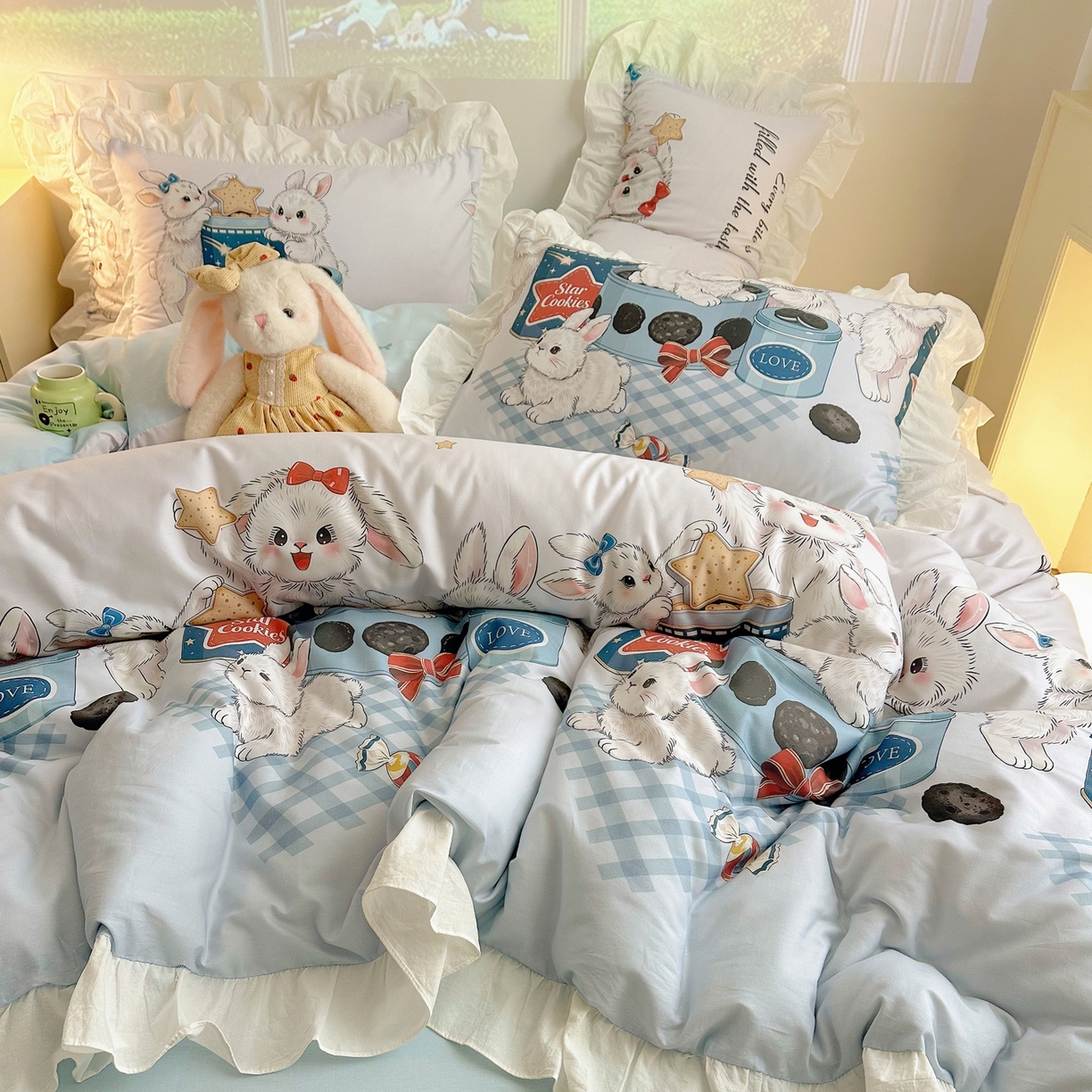 91家纺网 家纺一手货源 找家纺 孩子王家纺 2026新款韩式INS减龄小红书花边款全棉纯棉卡通四件套 花边星兔饼干