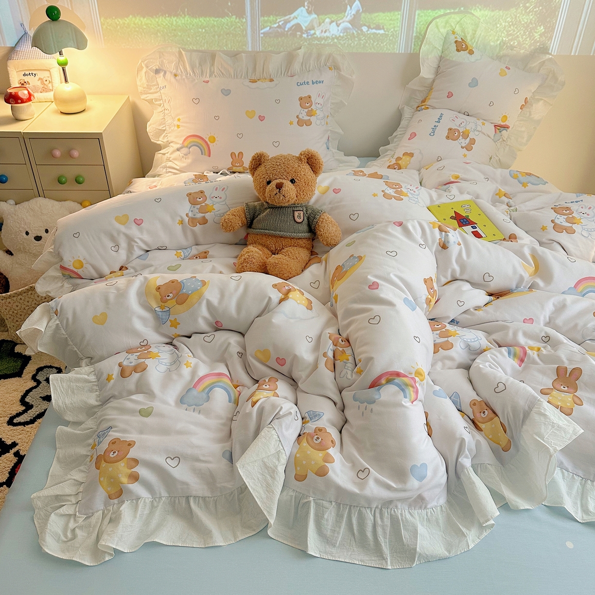 91家纺网 家纺一手货源 找家纺 孩子王家纺 2026新款韩式INS减龄小红书花边款全棉纯棉卡通四件套 花边小熊星梦