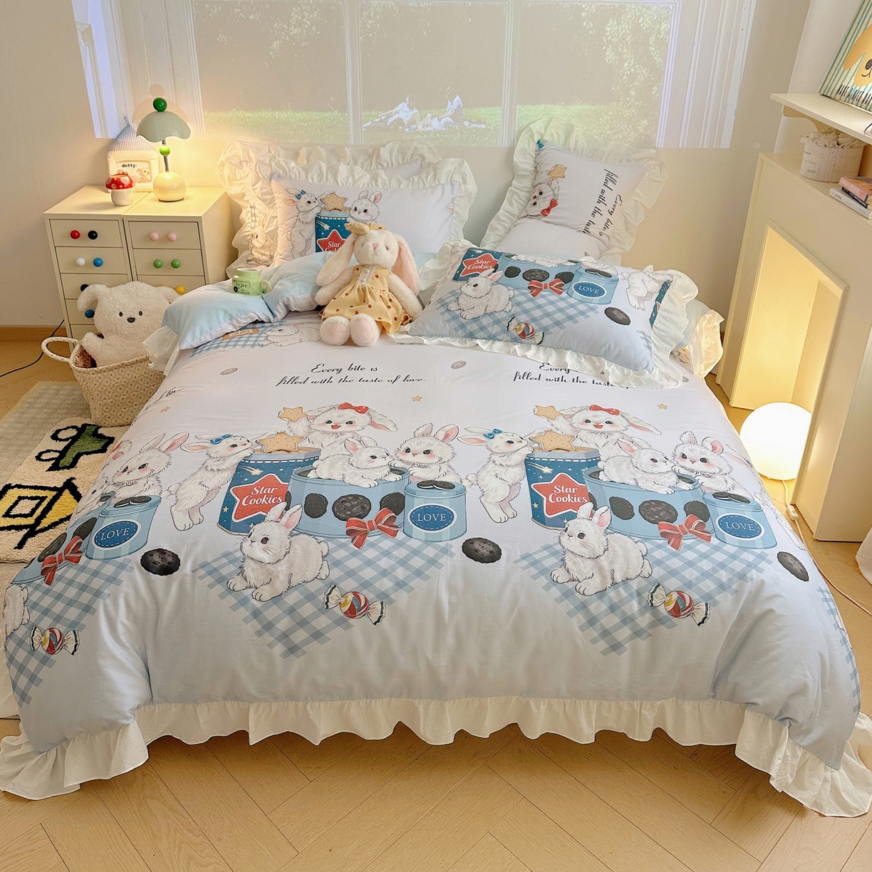 91家纺网 家纺一手货源 找家纺 孩子王家纺 2026新款韩式INS减龄小红书花边款全棉纯棉卡通四件套 花边星兔饼干