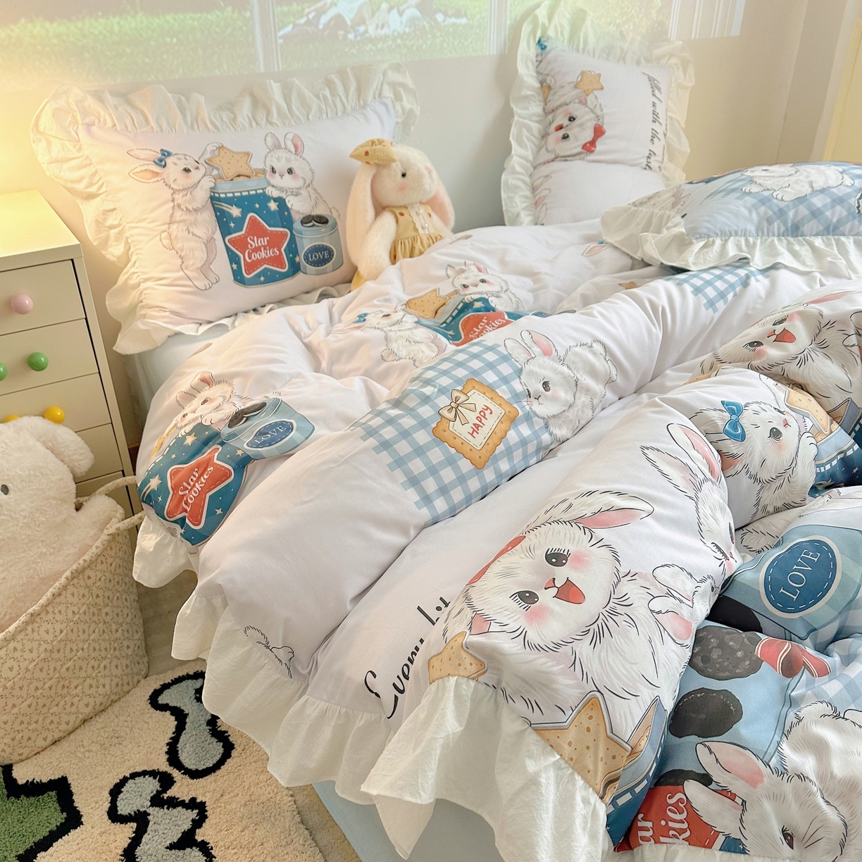 91家纺网 家纺一手货源 找家纺 孩子王家纺 2026新款韩式INS减龄小红书花边款全棉纯棉卡通四件套 花边星兔饼干