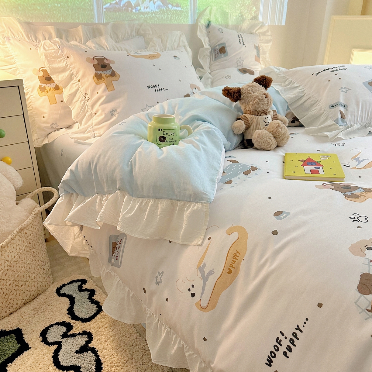 91家纺网 家纺一手货源 找家纺 孩子王家纺 2026新款韩式INS减龄小红书花边款全棉纯棉卡通四件套 花边小狗心事