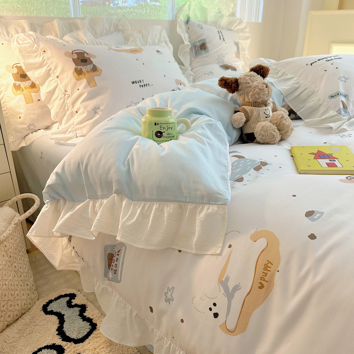 91家纺网 家纺一手货源 找家纺 孩子王家纺 2026新款韩式INS减龄小红书花边款全棉纯棉卡通四件套 花边小狗心事