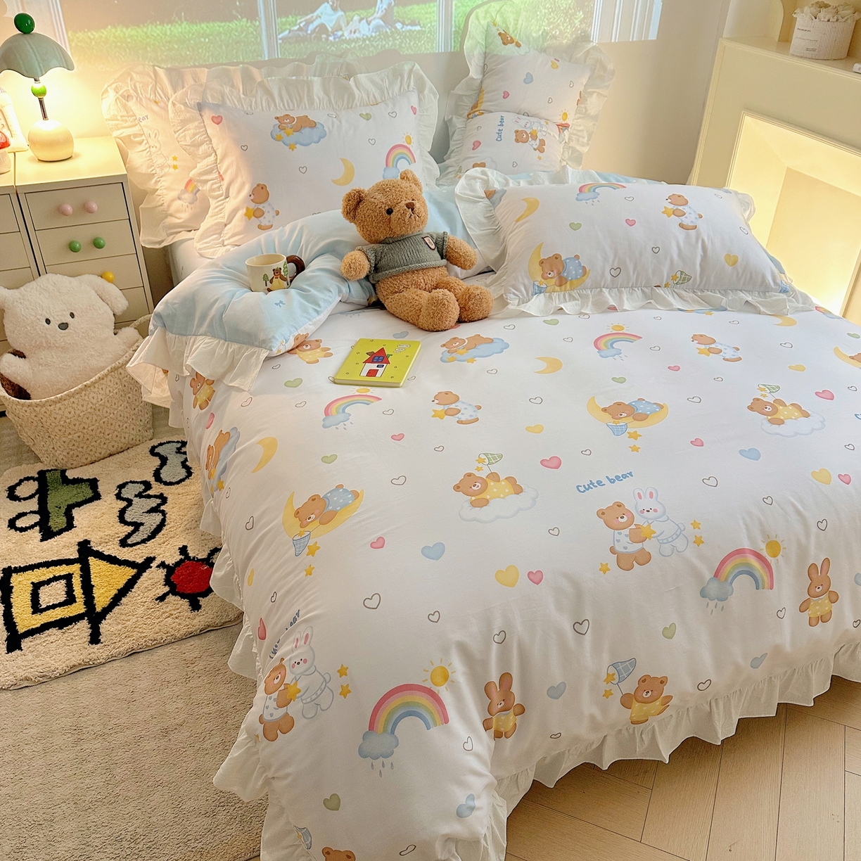 91家纺网 家纺一手货源 找家纺 孩子王家纺 2026新款韩式INS减龄小红书花边款全棉纯棉卡通四件套 花边小熊星梦