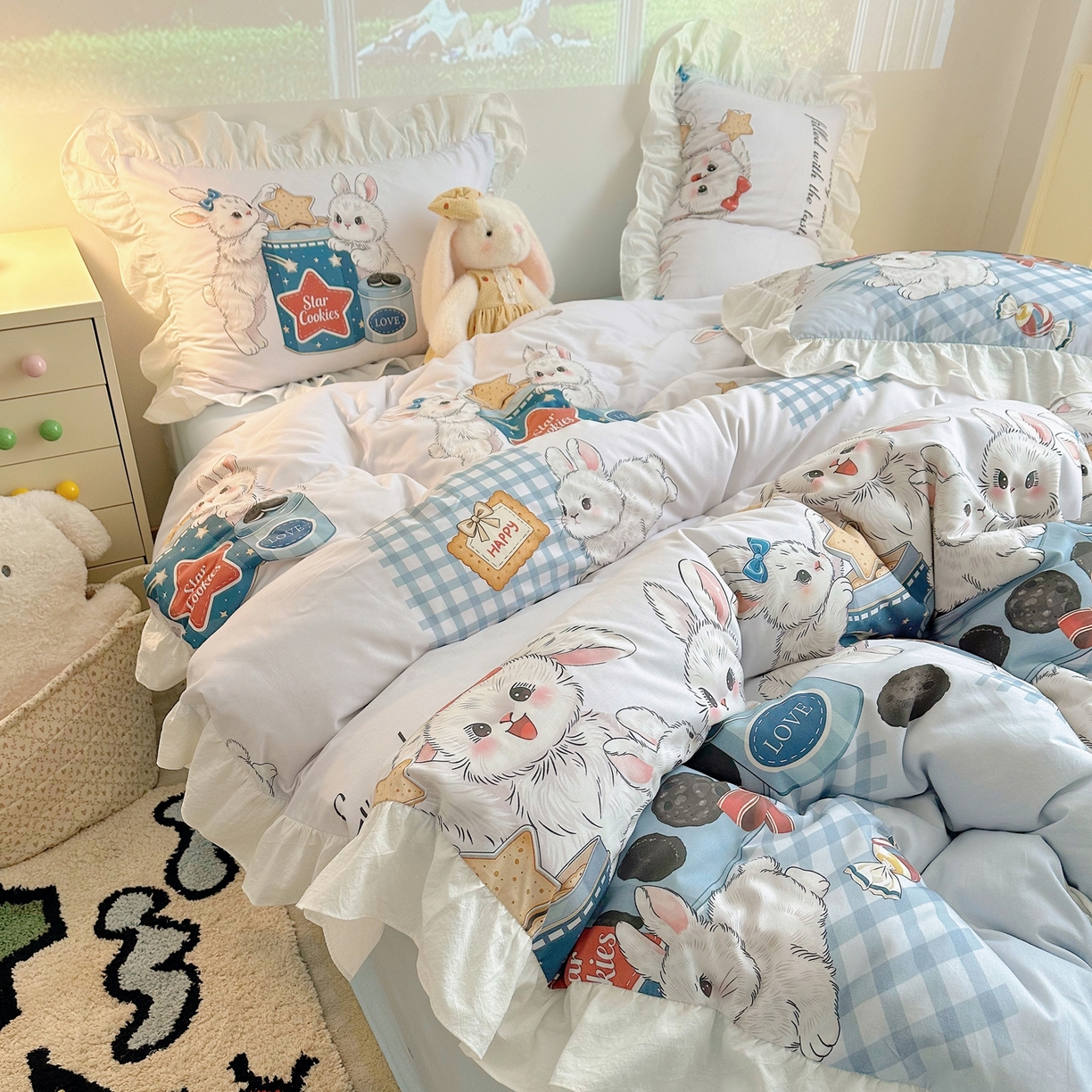 孩子王家纺 2026新款韩式INS减龄小红书花边款全棉纯棉卡通四件套 花边星兔饼干