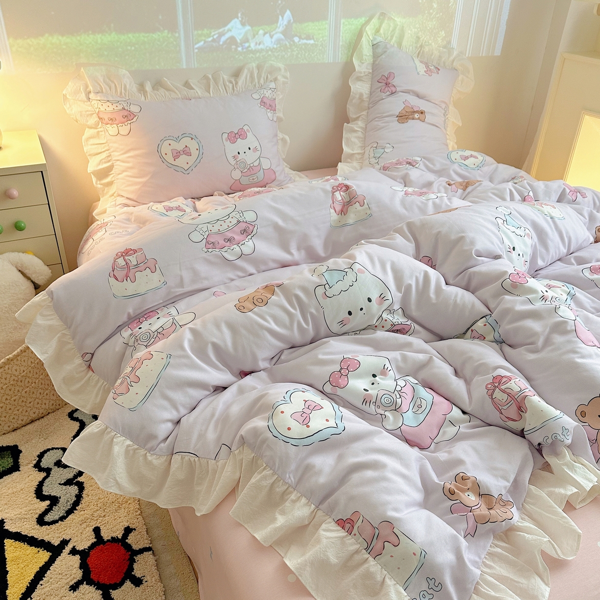 孩子王家纺 2026新款韩式INS减龄小红书花边款全棉纯棉卡通四件套 花边甜妹小猫屋