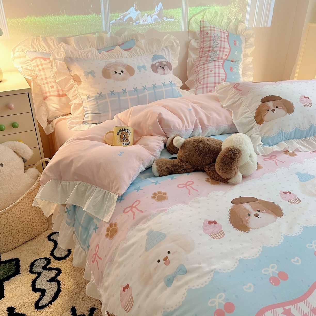 91家纺网 家纺一手货源 找家纺 孩子王家纺 2026新款韩式INS减龄小红书花边款全棉纯棉卡通四件套 花边小狗庄园