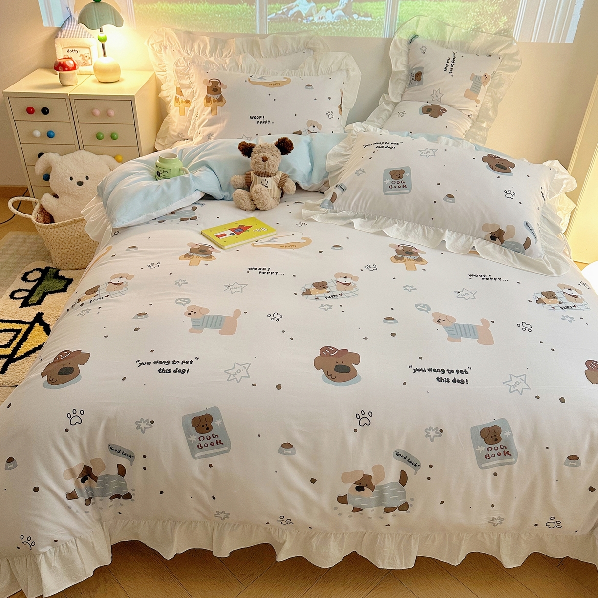 91家纺网 家纺一手货源 找家纺 孩子王家纺 2026新款韩式INS减龄小红书花边款全棉纯棉卡通四件套 花边小狗心事