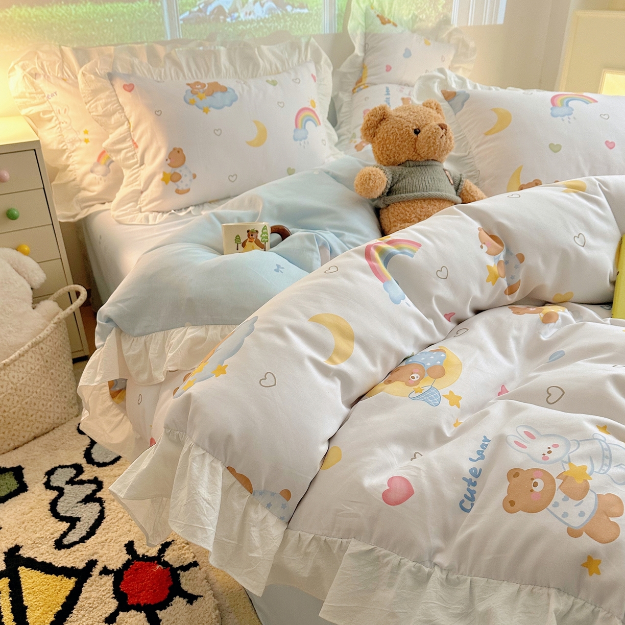 91家纺网 家纺一手货源 找家纺 孩子王家纺 2026新款韩式INS减龄小红书花边款全棉纯棉卡通四件套 花边小熊星梦