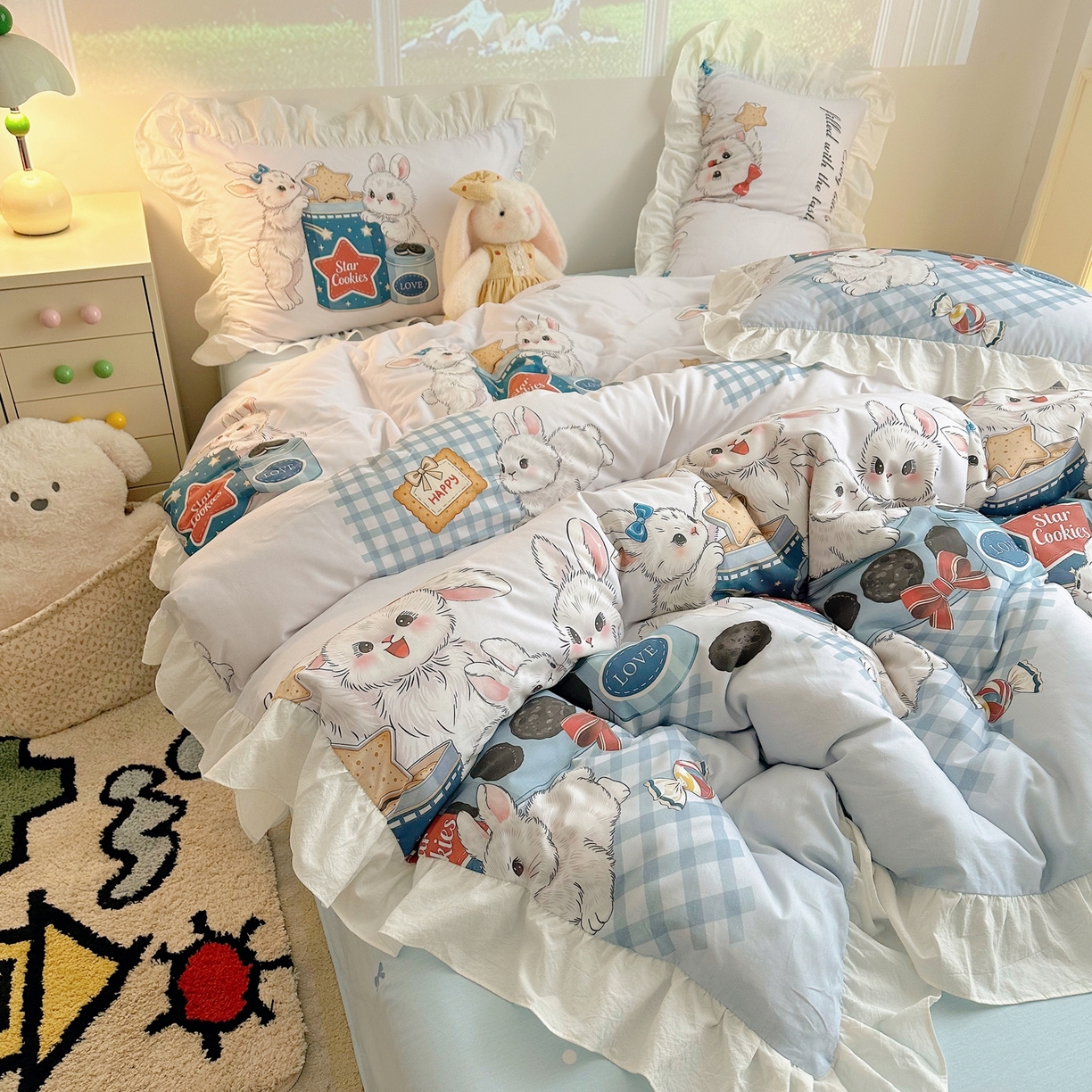 91家纺网 家纺一手货源 找家纺 孩子王家纺 2026新款韩式INS减龄小红书花边款全棉纯棉卡通四件套 花边星兔饼干