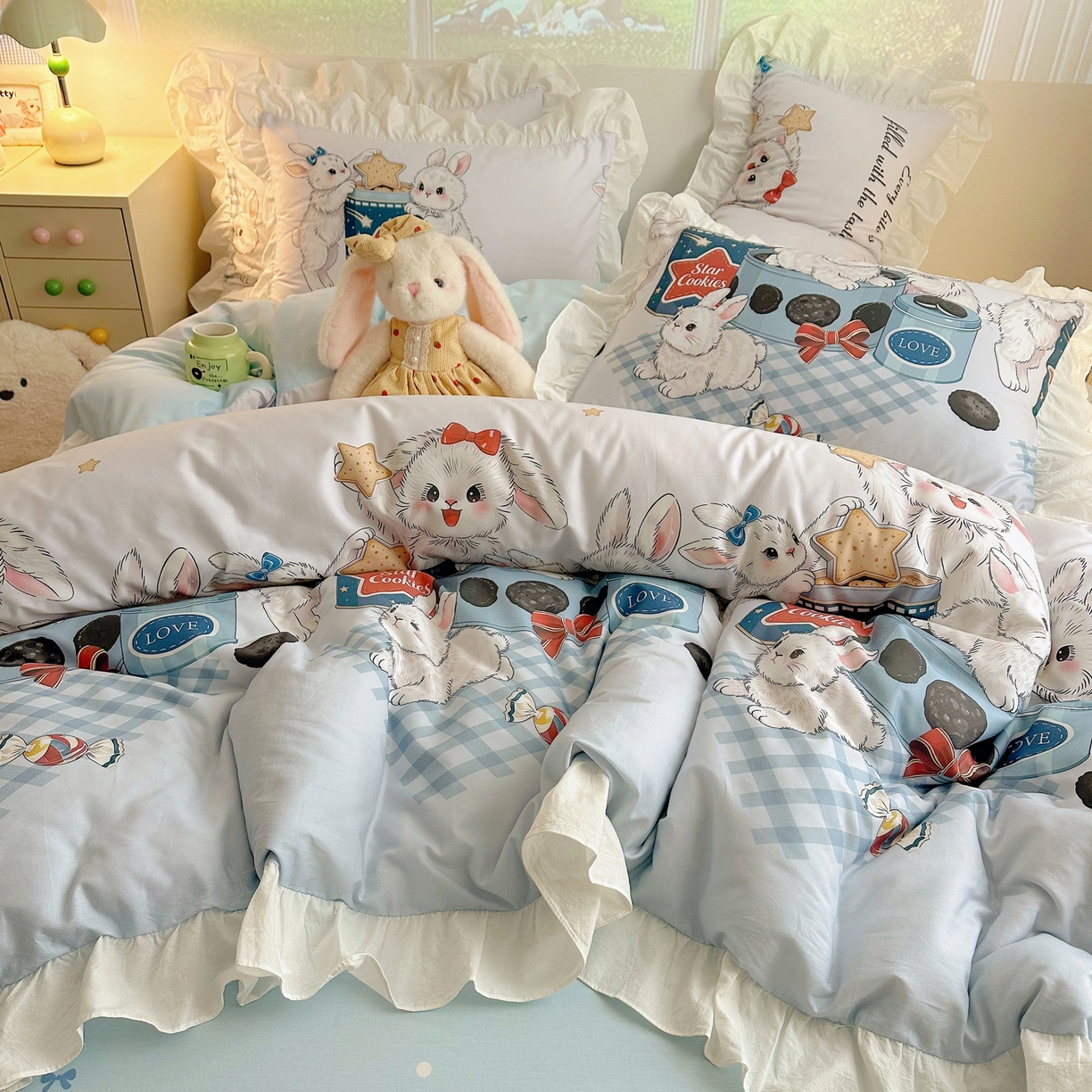 91家纺网 家纺一手货源 找家纺 孩子王家纺 2026新款韩式INS减龄小红书花边款全棉纯棉卡通四件套 花边星兔饼干