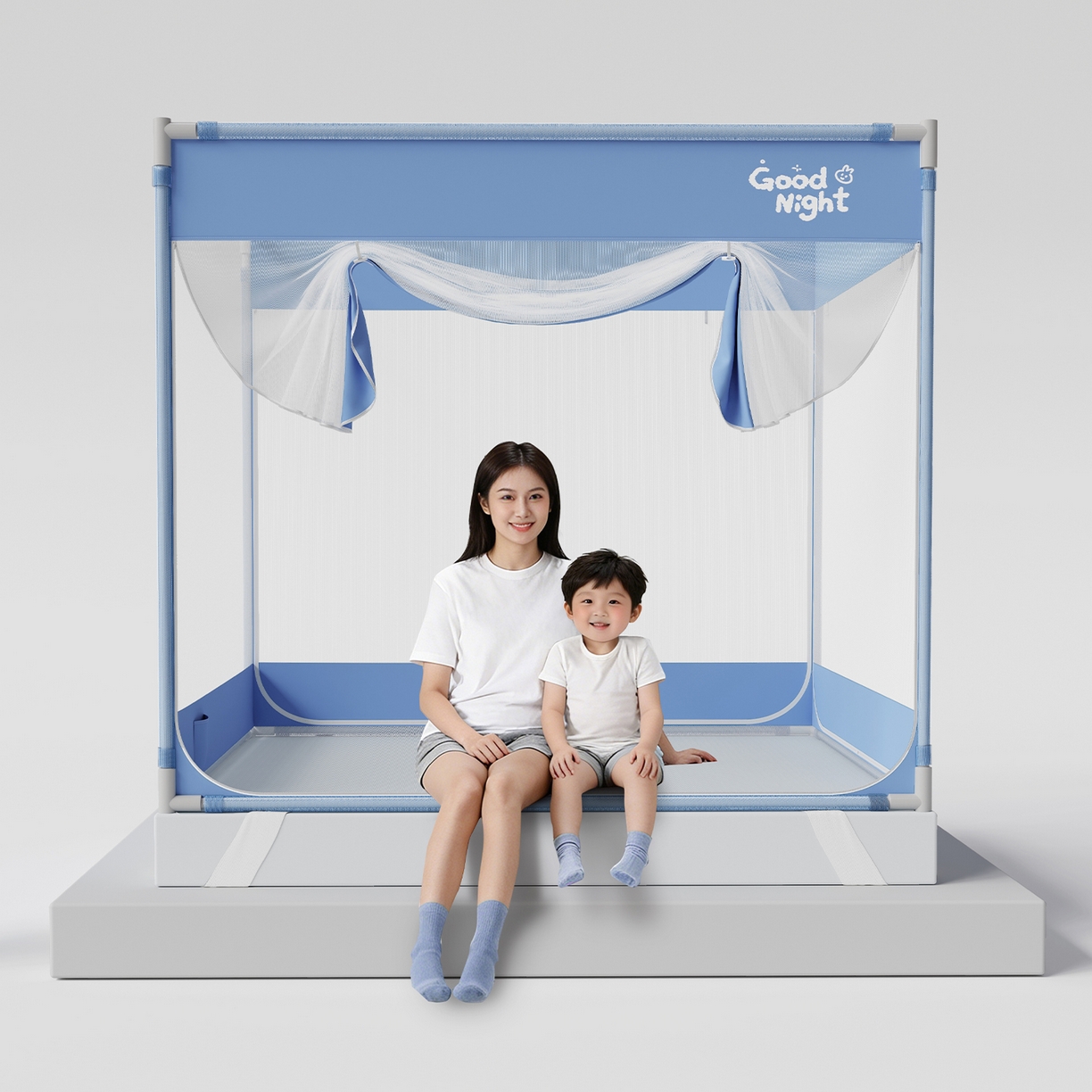 91家纺网 家纺一手货源 找家纺 初心家纺 2026新款坐床外穿杆全底防摔蚊帐 蓝-字母