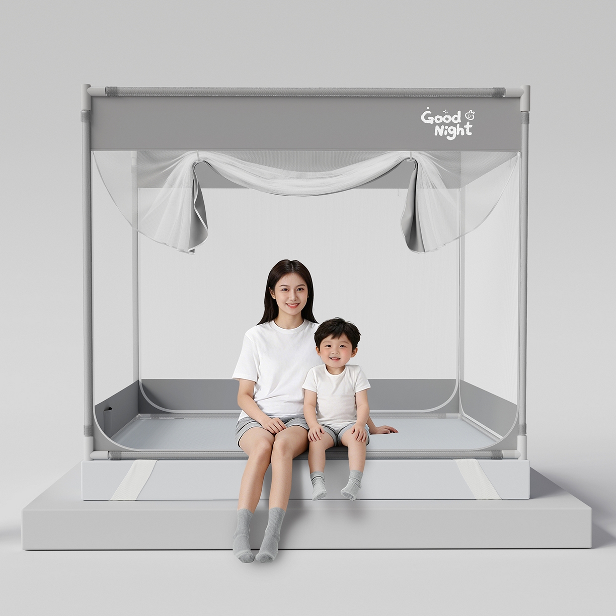 91家纺网 家纺一手货源 找家纺 初心家纺 2026新款坐床外穿杆全底防摔蚊帐 灰-字母