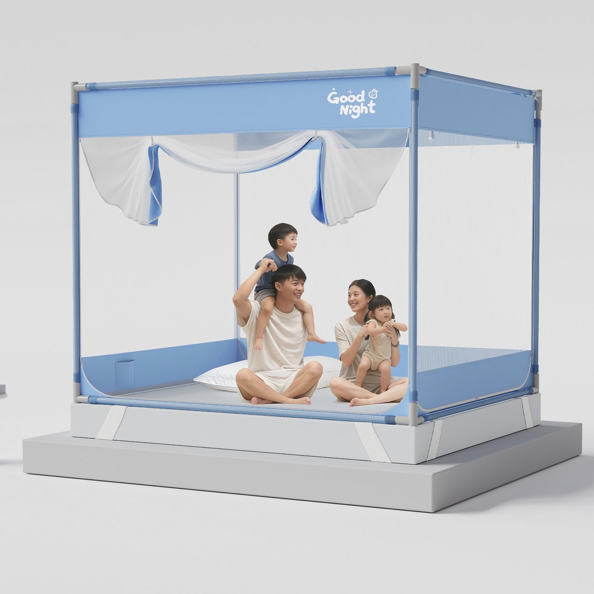 91家纺网 家纺一手货源 找家纺 初心家纺 2026新款坐床外穿杆全底防摔蚊帐 蓝-字母