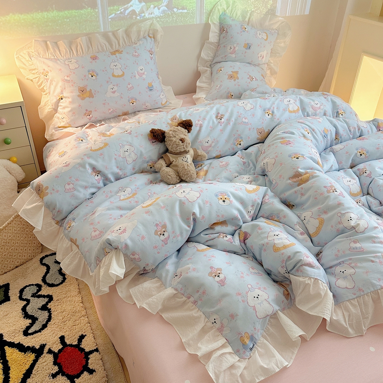 孩子王家纺 2026新款韩式INS减龄小红书花边款全棉纯棉卡通四件套 花边小狗派对