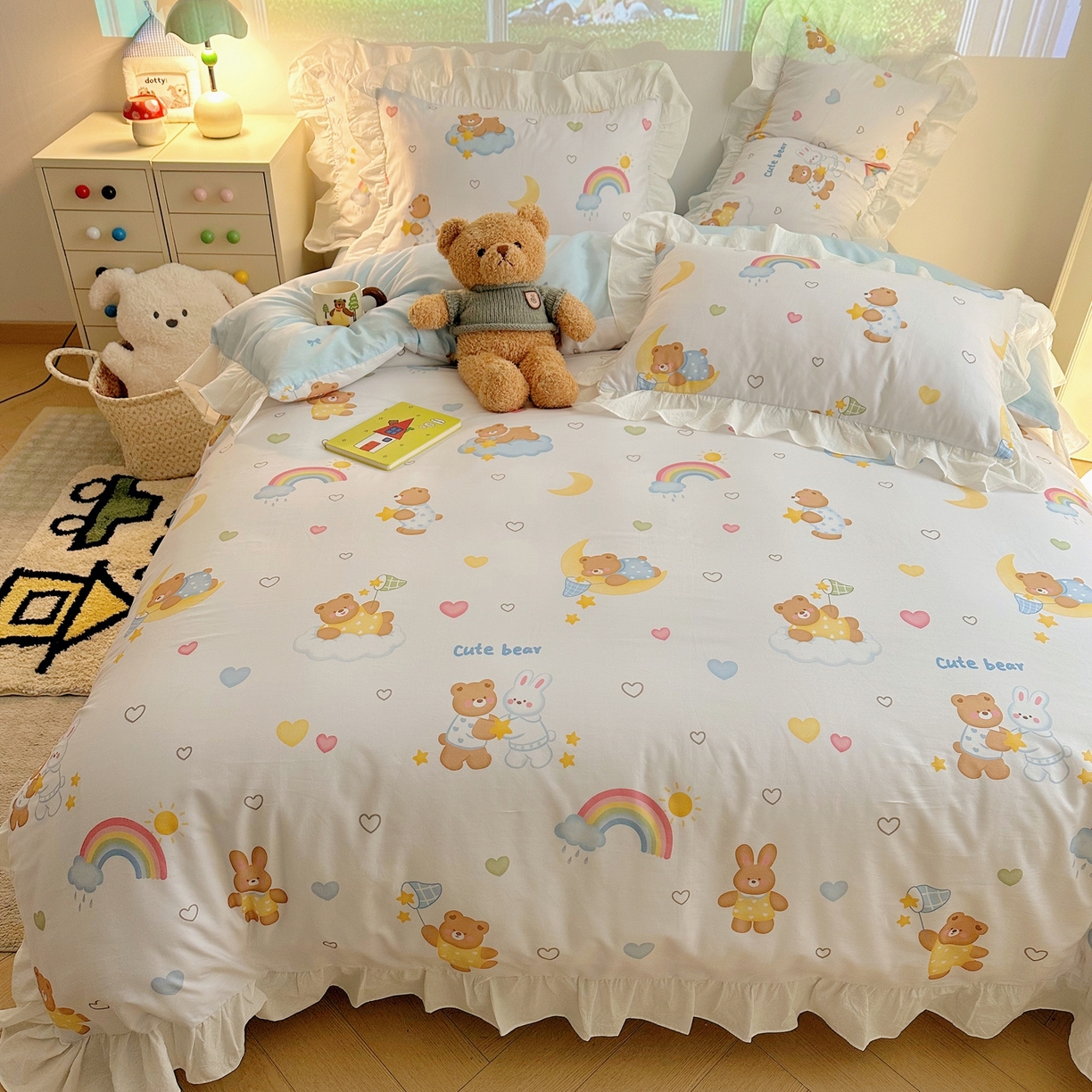 91家纺网 家纺一手货源 找家纺 孩子王家纺 2026新款韩式INS减龄小红书花边款全棉纯棉卡通四件套 花边小熊星梦