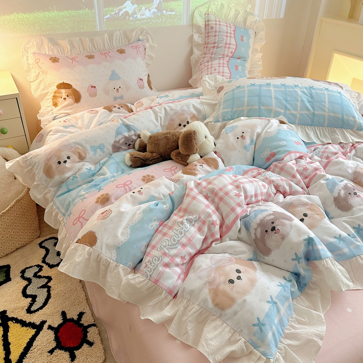 孩子王家纺 2026新款韩式INS减龄小红书花边款全棉纯棉卡通四件套 花边小狗庄园